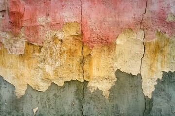 Fototapeta premium Cracked wall surface exhibiting vibrant colors and textures in a weathered urban setting