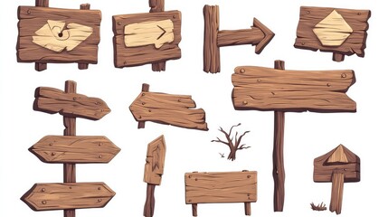 Rustic Wooden Signs: A collection of 14 hand-drawn, rustic wooden signs, arrows and posts, perfect for crafting game interfaces, storybooks and other illustrations with a touch of nostalgia. 