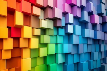 Obraz premium Vibrant arrangement of 3D cubes in a rainbow gradient showcasing a striking color blend