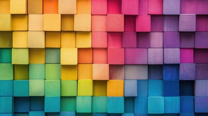 Fototapeta premium A wall of multicolored wooden square cubes with sharp geometric shapes, forming an eye-catching rainbow texture background