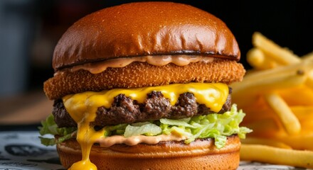 Close-up Gourmet Burger with Melted Cheese and Fresh Vegetables for advertisement