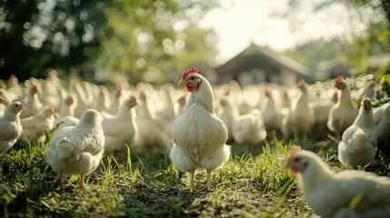 Free-Range Chickens: A flock of white chickens freely roam a lush green pasture, enjoying the sunshine and open space. One hen stands prominently in the foreground.