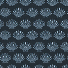 Abstract underwater seamless pattern with repeated shells. Aquatic ornament wallpaper. Groovy geometric ocean wildlife vector print