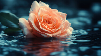Delicate Peach Rose Floating on Water. A stunning close-up of a peach-colored rose, covered in water droplets, gently resting on the surface of rippling water.