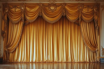 Lavish golden curtain adorns the stage in an elegant theater setting during an evening performance