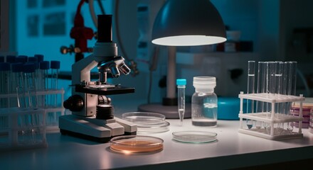 Biology Lab Equipment on Lab Bench for Science