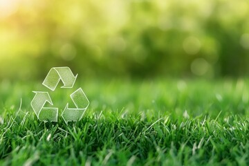 A clear recycle symbol on lush green grass, symbolizing eco-friendliness and sustainability in a vibrant natural setting.