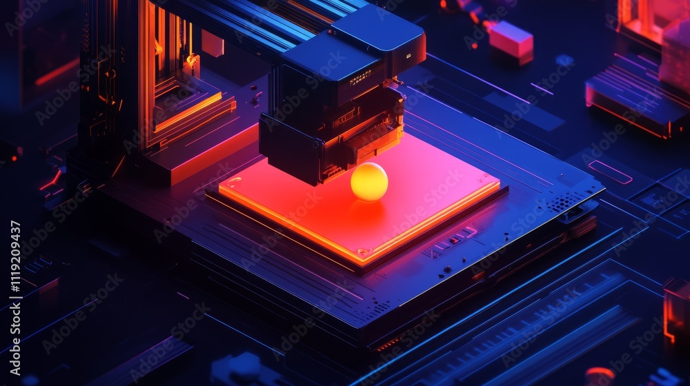 Poster abstract 3d render of a robotic arm precisely placing a glowing sphere onto a circuit board.