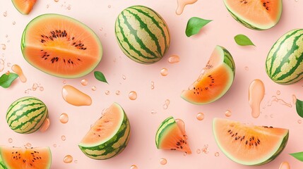 A seamless pattern of watermelon slices and whole melons on a pale pink background.