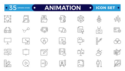 Animation icon outline set. Containing movement, Motion, speed, swing, dynamic, position, acceleration, running, rotation, bounce and motion sensor icons. Editable stroke outline icon.

