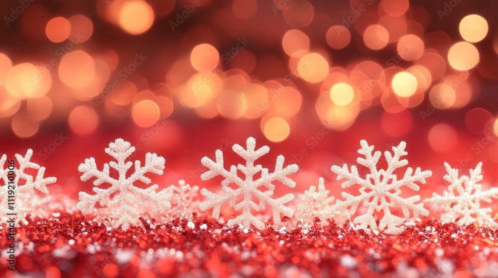 Poster a glowing red bokeh background filled with floating snowflakes, creating a dynamic and festive scene