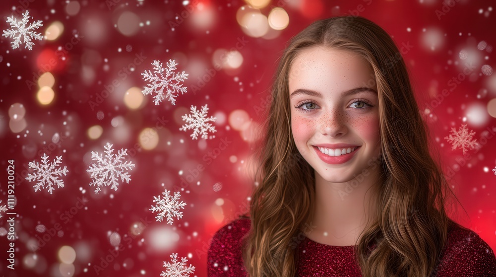 Poster a glowing red bokeh background filled with floating snowflakes, creating a dynamic and festive scene