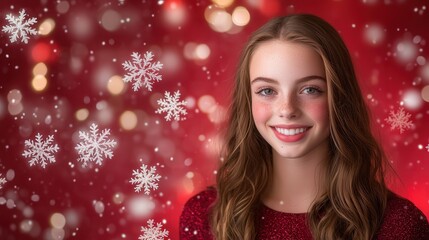 A glowing red bokeh background filled with floating snowflakes, creating a dynamic and festive scene.