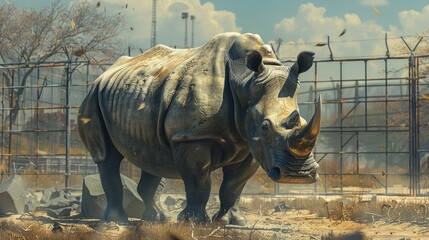 Fototapeta premium a powerful rhino in a large cage, with a bold design and a breathtaking savannah background