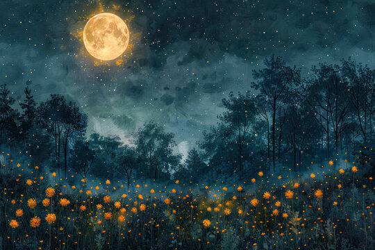 night landscape with a field of blooming orange flowers in the foreground. In the background, dark silhouettes of trees are visible, creating a forest edge.   - Powered by Adobe
