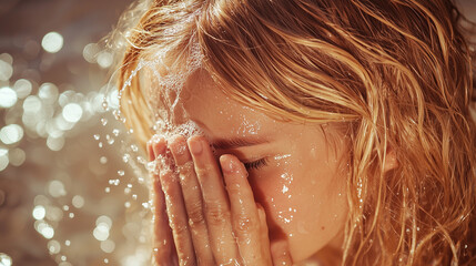 Fototapeta premium A young woman gently splashes water on her face outside, her skin glowing softly under the warm hues of golden hour.