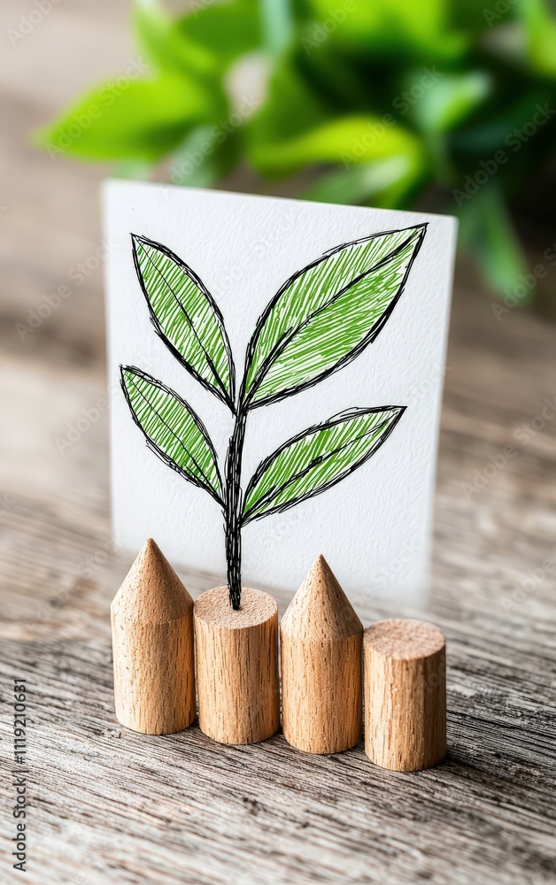 Poster a creative display of a leaf sketch on paper with wooden shapes, emphasizing nature and simplicity i