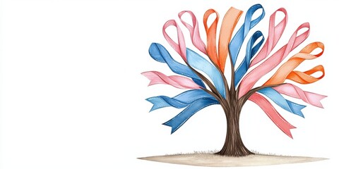 Obraz premium A creative illustration of a tree with colorful awareness ribbons, symbolizing hope and support for various causes.