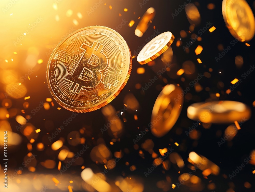 Poster a dazzling display of bitcoin coins floating through the air, symbolizing the dynamic world of crypt