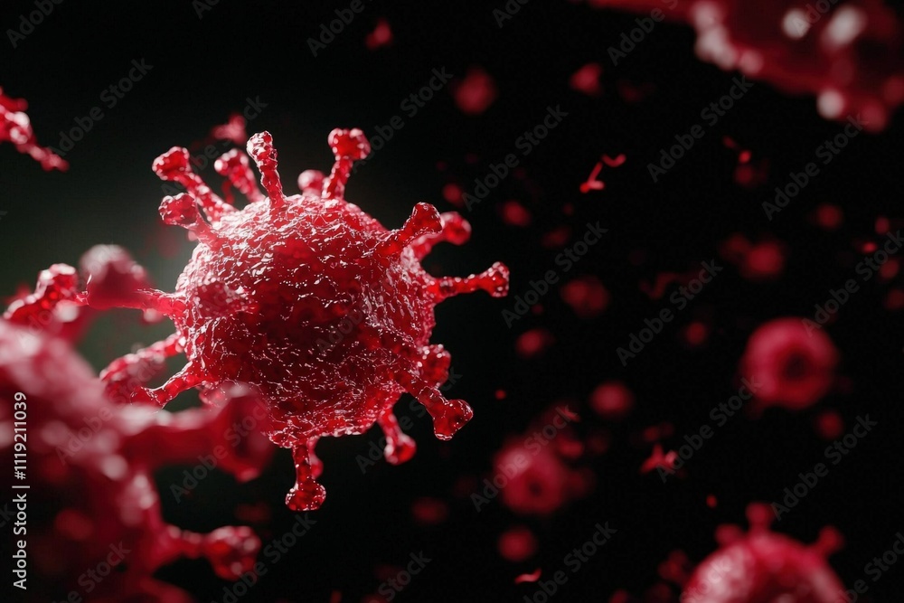 Poster a detailed and vibrant microscopic view of a virus, showcasing its intricate structure and dynamic n