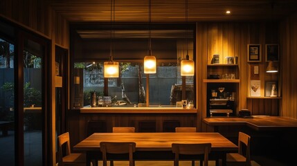 Cozy Cafe Interior with Warm Lighting and Wooden Accents