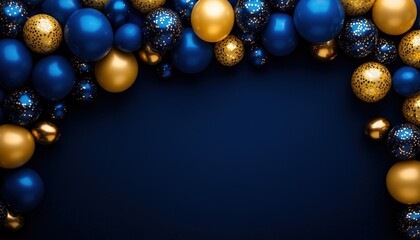 Fototapeta premium A festive arrangement of blue and gold holiday ornaments creating a vibrant decorative frame on a dark background.