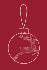 Flat contour illustration of Christmas ball with painted jumping deer silhouette . Cute decoration for Christmas line style isolated on red background.