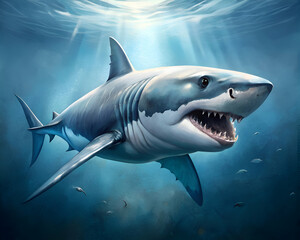 Fototapeta premium Great White Shark Underwater. Majestic Predator of the Ocean Depths