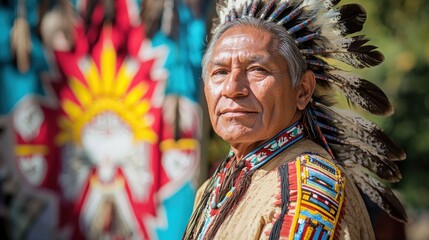 Obraz premium An Indian chief in traditional ceremonial attire standing proudly in front of a colorful backdrop of a Native American village.