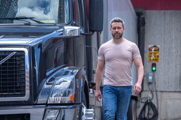 Truck driver. CDL. Men driver near lorry truck. Man owner truck driver. Millennial trucker....