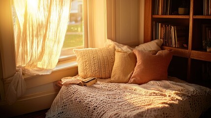 Fototapeta premium Cozy Sunlit Reading Nook Knit Blanket Pillows Bookshelf