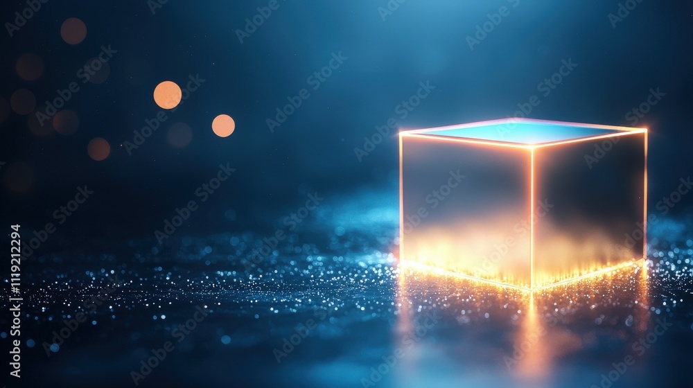 Poster a luminous, glowing cube surrounded by soft blue light, creating a futuristic and abstract atmospher