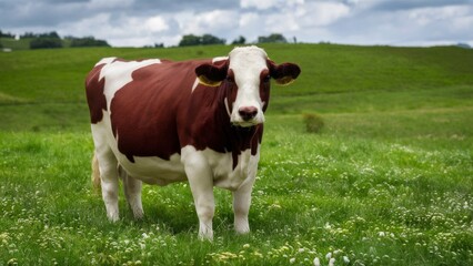 Cow grazing peacefully in a green meadow under a cloudy sky during the daylight hours