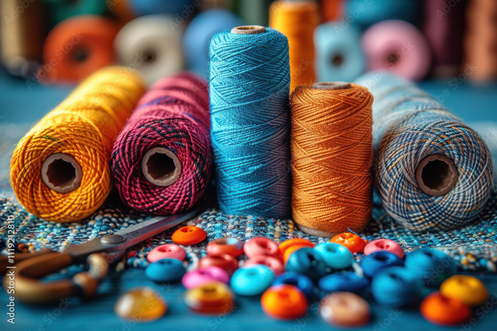 Poster multi-colored spools of thread located on the table. in the center of the composition are coils of b