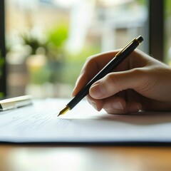 Hand signing document with elegant pen, near window.