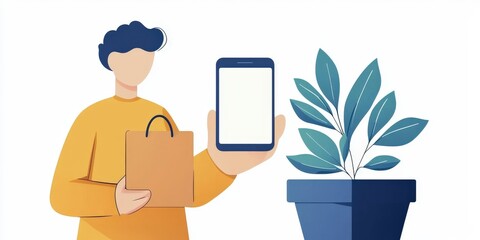 A person holds a smartphone and a shopping bag next to a potted plant, representing modern shopping and eco-friendly living.