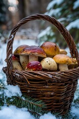Basket of freshly picked mushrooms in a snowy forest setting
