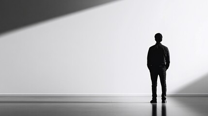 Obraz premium Silhouette of a person standing in a minimalist room, illuminated by a single light source.