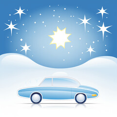 Stylish blue car illustration with a shining starry sky and soft clouds in a serene environment