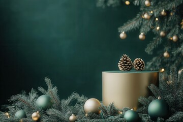 Gold pine cones on a gold pedestal, surrounded by green Christmas ornaments and pine branches. Perfect for holiday greeting cards, advertisements, or winter-themed product displays.