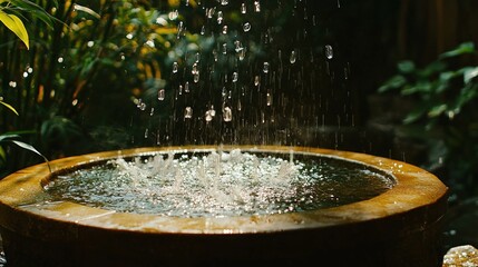 Tranquil Garden Water Fountain Serene Nature Scene Peaceful Water Drops