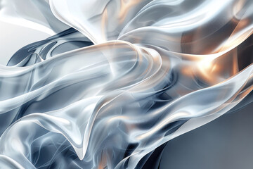 abstract composition made in light colors. Wave-like shapes, reminiscent of transparent fabrics or liquid flows, create a feeling of movement and lightness. Primary colors are white, 
