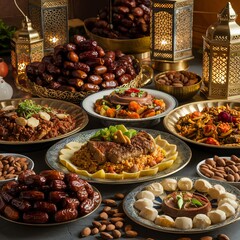 Obraz premium Close up Arabic meal on wooden big table with dates , lamp and others delicious food at night of Iftar party with lamb light. Ai generated.