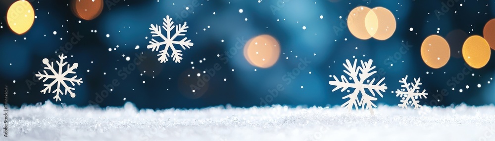 Aufkleber a serene winter scene with falling snowflakes against a soft blue background and warm bokeh lights c