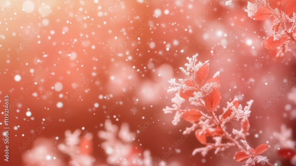 Poster a red bokeh background with falling snowflakes, their delicate forms adding movement and texture to 