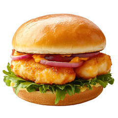 Front view of a hyperrealistic fish burger isolated on a white transparent background