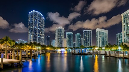 Naklejka premium Miami marina harbor and skyscrapers of Brickell, city financial center. Skyviews Miami Observation Wheel at Bayside Marketplace with reflections in Biscayne Bay water and US urban landscape at night .