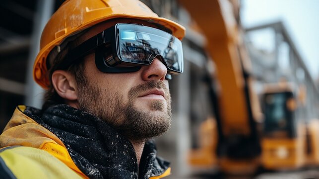 Construction worker wearing AR glasses on site.