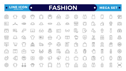 Clothing Outline icon set. Dress, polo t-shirt, jeans, winter coat, jacket pants, skirt minimal vector illustrations. Simple outline signs for fashion applications. Editable stroke outline icon.