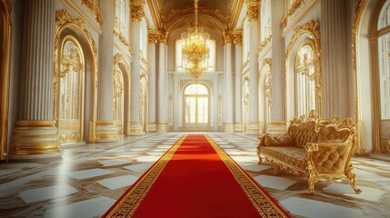 Royal Grand Hall: A majestic grand hall with towering columns, a glittering chandelier, and a rich red carpet leading to a throne at the end, evoking an atmosphere of opulence and grandeur. 